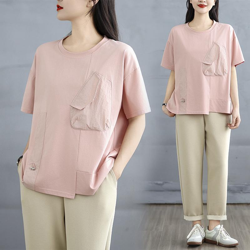 Dimanaf 2025 New Summer Women Loose Plus Size T-Shirt O-Neck Short Sleeve Basic Casual Tops Asymmetrical