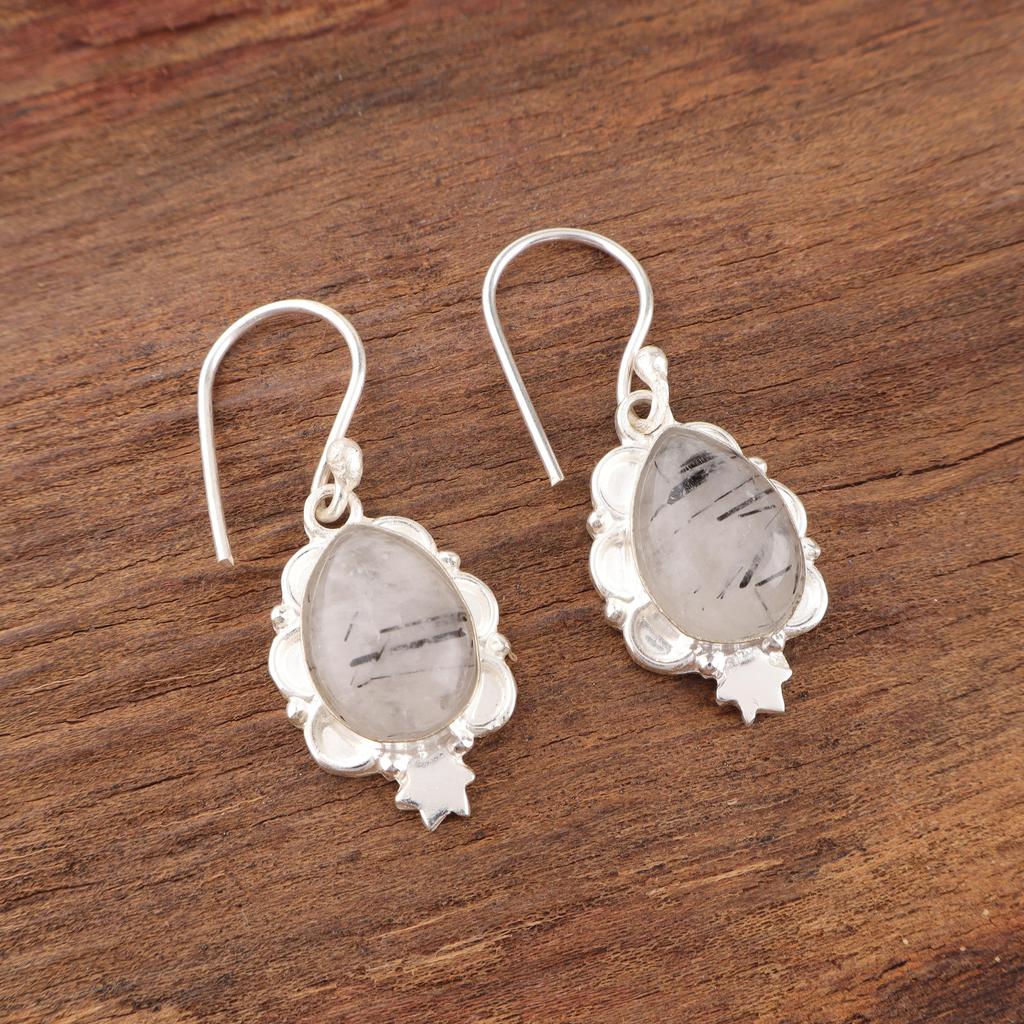 Black Rutile Gemstone Jewelry, 925 Solid Sterling Silver Earrings, Beautiful Silver Earrings, Handmade Bohemian Jewelry For Wedding Gift