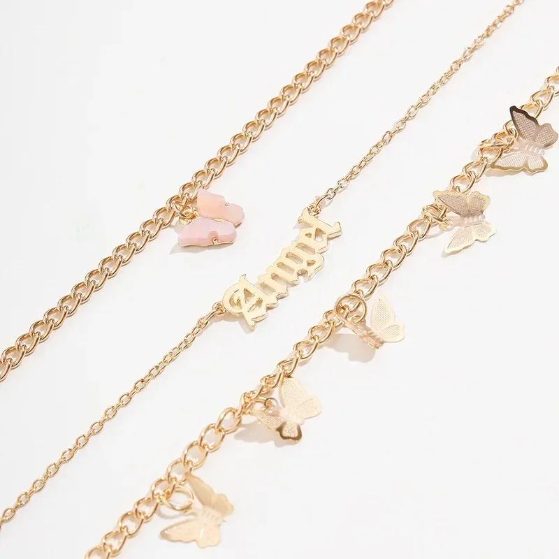 Girls Fashion Casual Ins Wind Retro English Alphabet Anklet Set Angel Pink Butterfly Three-piece Accessories Creative Gifts