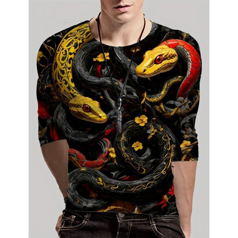 Round Neck 3D Snake Printed Top Casual Long Sleeved Men's T-shirts - Soft Medium Stretch Polyester Fabric Spring and Autumn Relaxed Fit Clothing