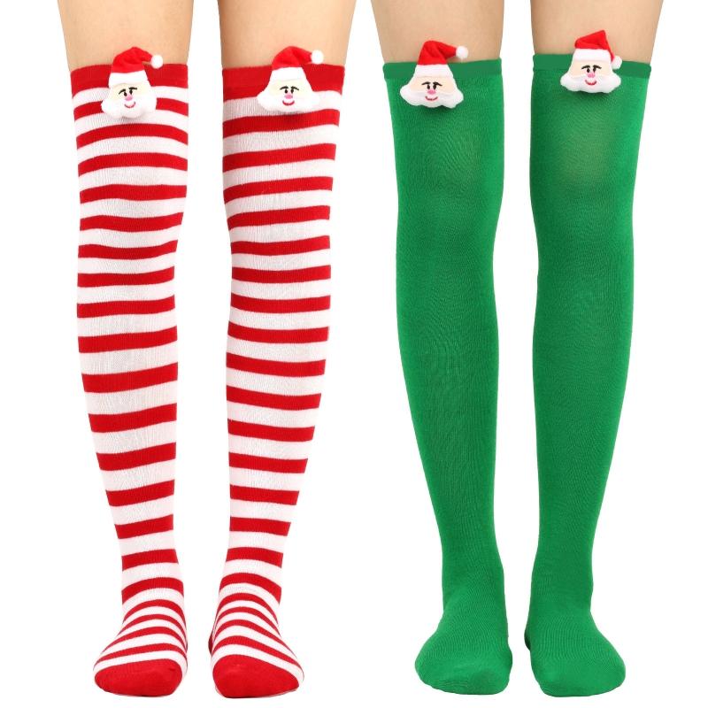 Women Cute Plush Santa Claus Striped Over Knee Long Socks Thigh High Stockings for Christmas Cosplay Costume Hosiery