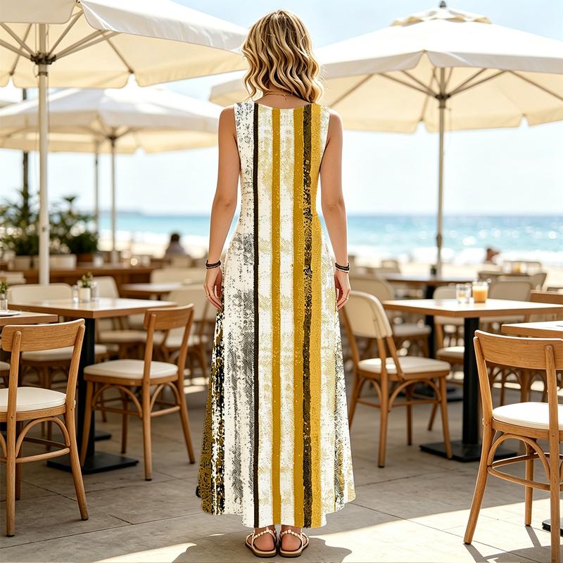 U-Neck Striped Sleeveless Beach Vacation Dress for Women Loose Fit,Comfortable Casual Stylish Floor-Length