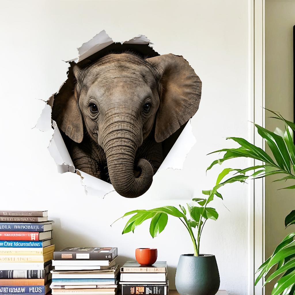 Realistic Torn Paper Hole Elephant Self Adhesive Wall Sticker No Residue for Bedroom Living Room Wall Decor