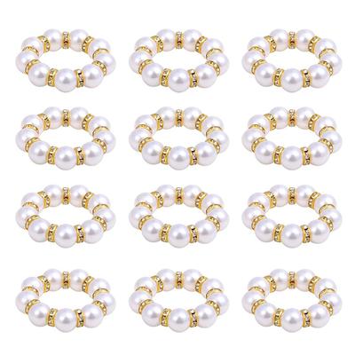 12 Pcs Pearl Napkin Rings Gold Napkin Ring Holder Beaded  Serviette Rings Buckle With Elastic For Formal Wedding