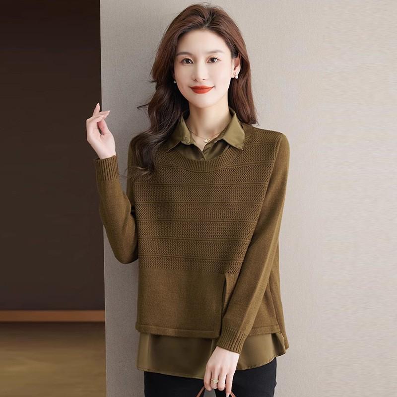 Korean Fake Two-piece Shirt Knitted Women's Spring Autumn Fashion Loose Sweater Bottoming Shirt Female Knitwear Tops