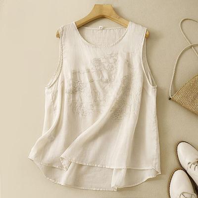 Women Summer Casual Sleeveless Chinese Retro National Style Cotton Linen Embroidered Solid Color Vest Loose Round Neck Top