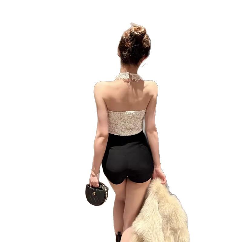 Summer Fashion Sexy Spice Girls Bottom Shirt Neck Top Bow Fungus Edge Lace Design Small Suspender