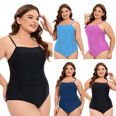 Damen Übergröße Einfarbiger Nylon-Badeanzug mit Bauchkontrolle & Verstellbaren Trägern – XL bis 5XL, Minimalistische Strandmode