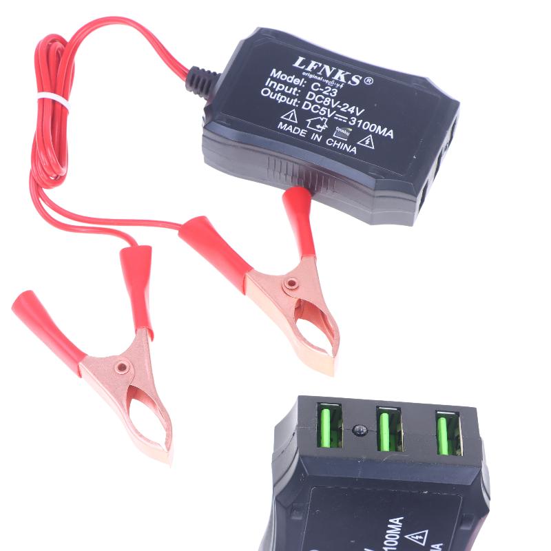 12V 24V To 5V 3USB Port Power Adapter With Battery Clip For Charging Cell Phone Emergency USB Power High Efficiency