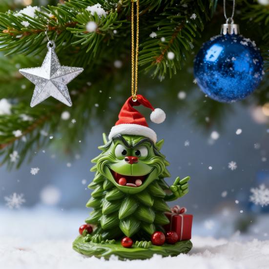 Green Elf Christmas Tree Ornament 2D Flat Acrylic Car Rear Mirror Charm Cartoon Elf Christmas Tree Hanging Pendant for Holiday Tree Window Wall Decor