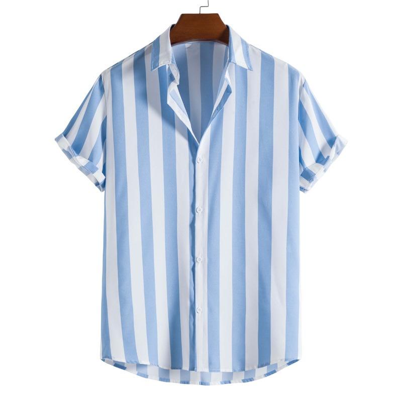 Camicia da uomo a maniche corte a righe rosse e bianche, con bottoni, stile casual estivo da spiaggia