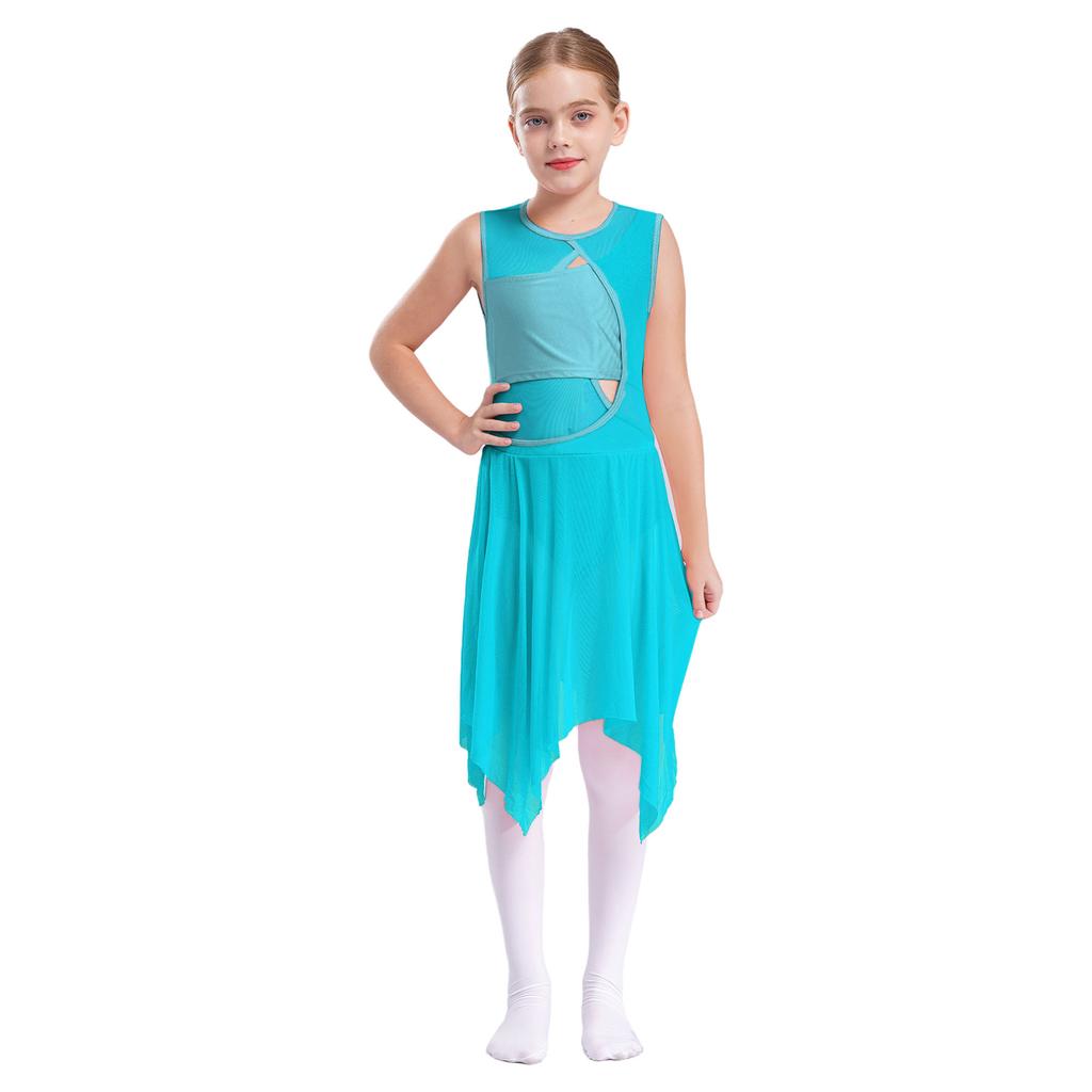 Kids Girls Lyrical Modern Contemporary Dance Dress Ballet Leotard Dress Cut Out Front Backless Mesh Tulle Skirt
