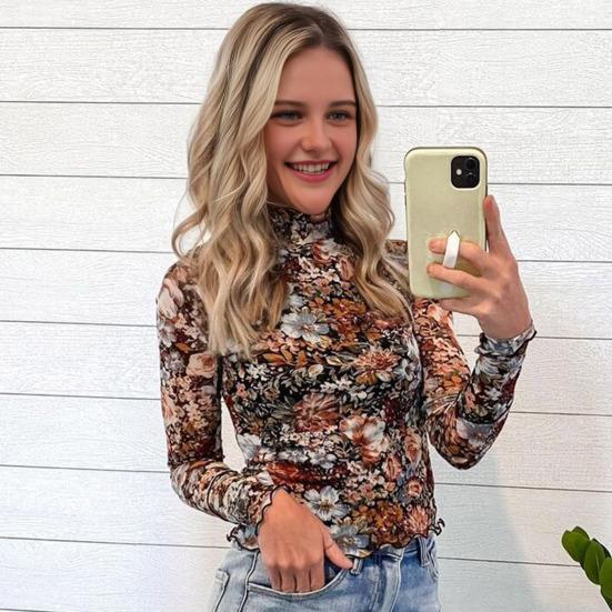 Kadın Çiçekli File Uzun Kollu Üstler Şeffaf Balıkçı Yaka Katmanlı Gömlek Dar Kesim Sonbahar İlkbahar Dışarı Çıkma Kıyafeti