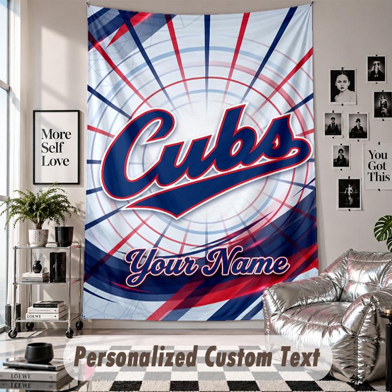 Wall Hanging Tapestry With Custom Name & Text, Chicago Cubs Decorative Tapestry For Bedroom
