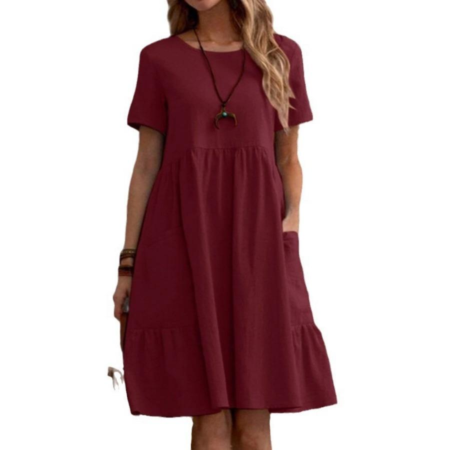 Abito Midi Estivo Casual da Spiaggia da Donna Cotone Lino Manica Corta Abiti Fluenti con Tasche