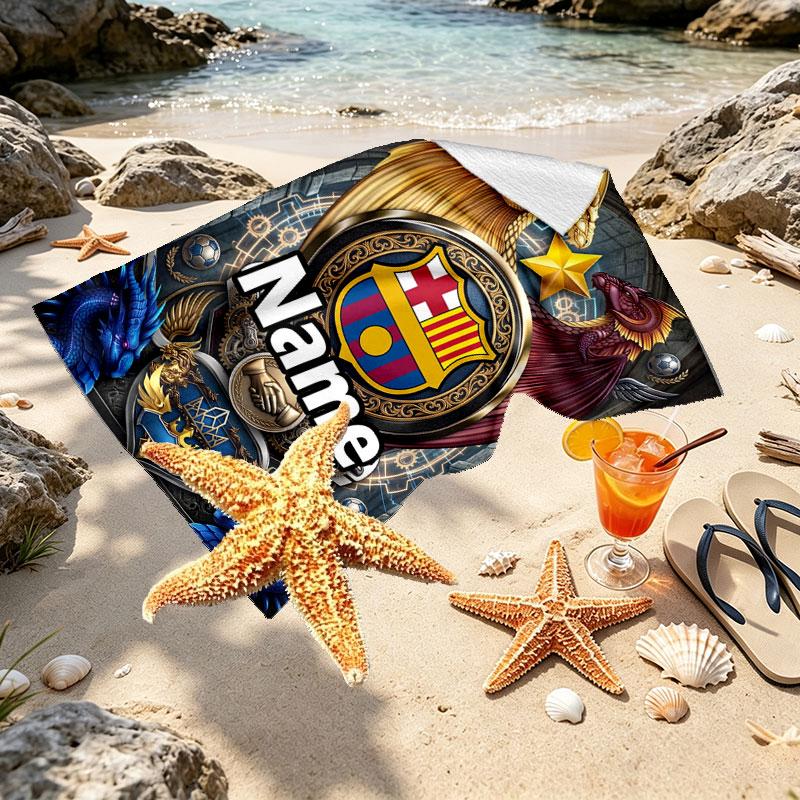 Serviette de Plage Personnalisée avec Nom Club de Football Barcelone, pour Voyage Camping Fête à la Plage Décoration Intérieure, Cadeau d'Anniversaire pour la Famille et les Amis