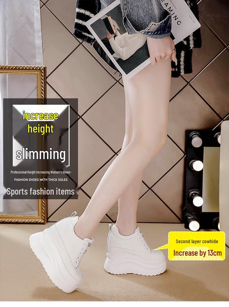 Scarpe Bianche da Donna con Zeppa Nascosta e Suola Spessa - Sneakers Stringate alla Moda Stile Coreano Primavera 2026 Vera Pelle