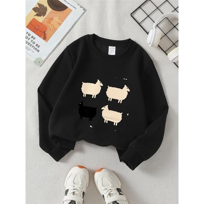 Girls' Crewneck Sweatshirt - Sheep Pattern with One Black Sheep Machine Washable, Spring And Autumn, Sportswear And Casual Wear
