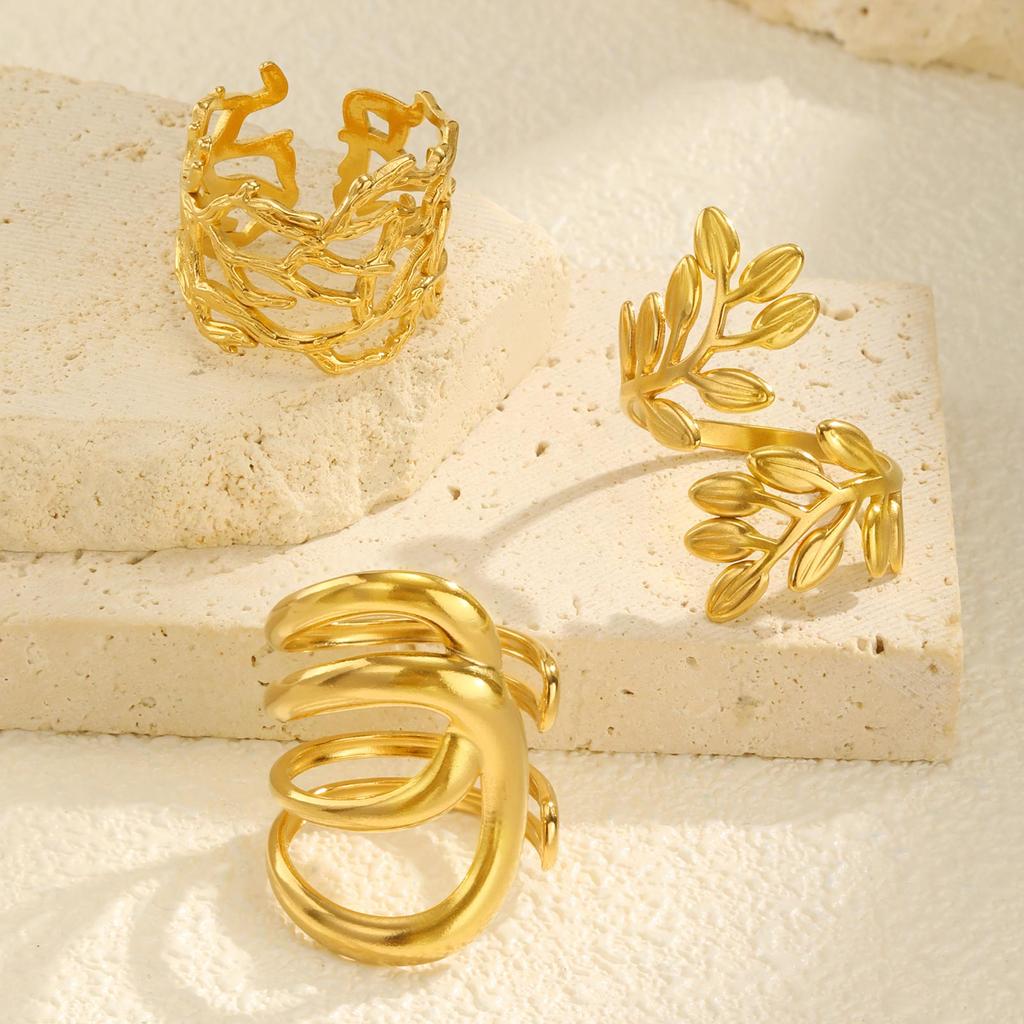 Geometric Leaves Opening Ring for Women,Gold Color Stainless Steel Irregular Hollow Rings,Chic Jewelry Party Mother's Day Gift