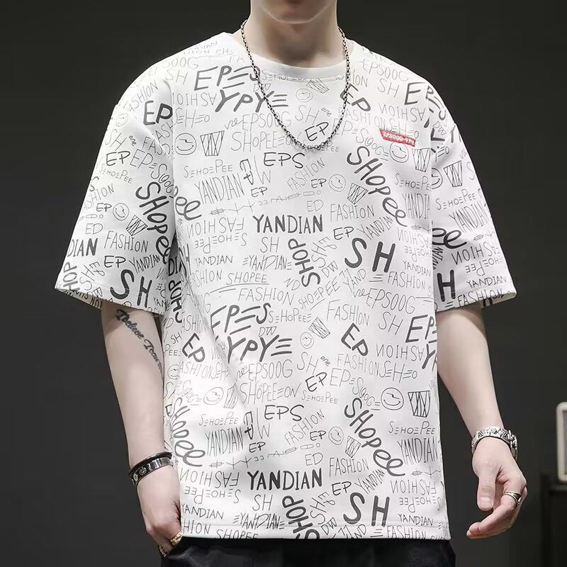 

Japan Style Vintage Letter Pullovers Men s Clothing Stylish Patch Designs Summer Round Neck Casual Printed Short Sleeve T-shirts L белый