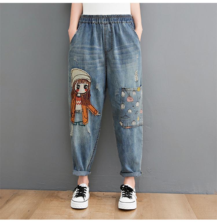 

Cartoon Litter Girl Embroidery Denim Pants for Women Trendy Hole Casual High Waist Breeches Pockets Mom Harem Blue Jeans XXL
