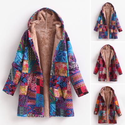 Women Winter Coat Vintage Ethnic Printing Patchwork Plush-lined Hooded with Pockets Mid Length Button-down Outdoor Jacket