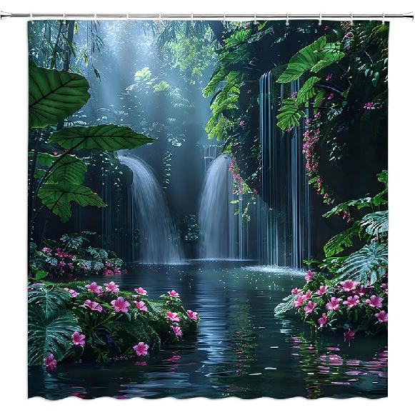 

Rainforest Waterfall Shower Curtain Nature Green Tree Forest Flowers Waterfall Tropical Scenery Landscape 70 WX70 H Bathroom Decor Fabric Curtain 47 W x 70 L (Pack of 1)