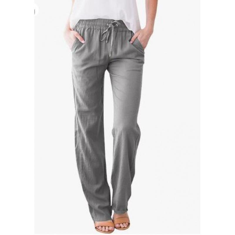 Damen Baumwolle Leinen Kordelzug Hose Elastischer Bund Lässige Einfarbig Hose Baggy Locker Gerades Bein Atmungsaktive Jogginghose