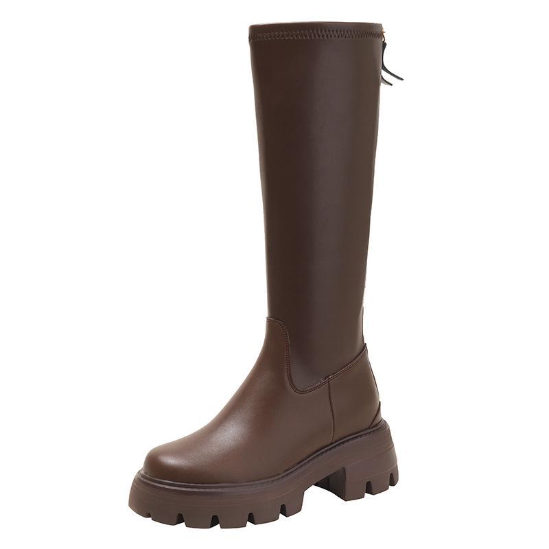 Women's Chunky Heel Long Boots with Hidden Height Increase and Round Toe - Brown, 2024 Style