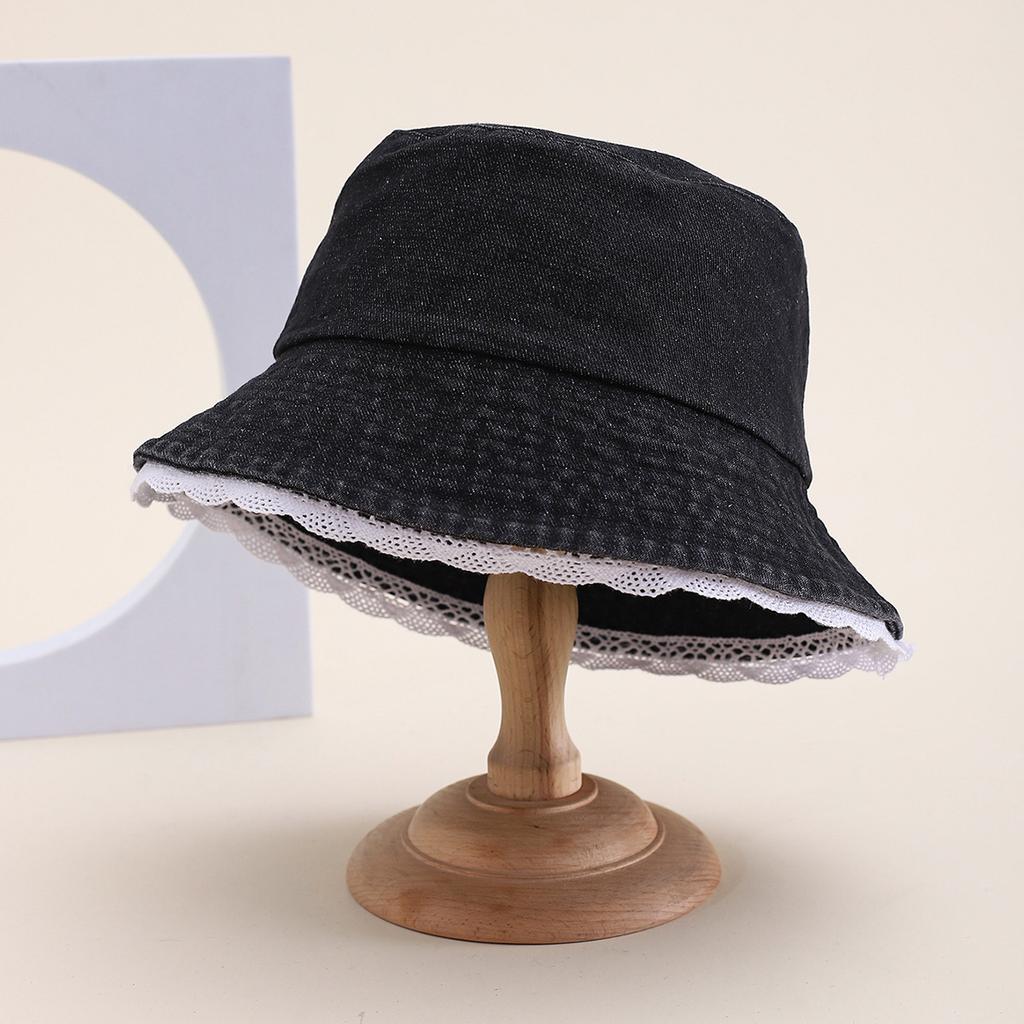 Korean Version of the New Lace Edge Decorative Denim Bucket Hat Women's Spring and Summer Sunshade Sweet Basin Hat Shows a Small Tide