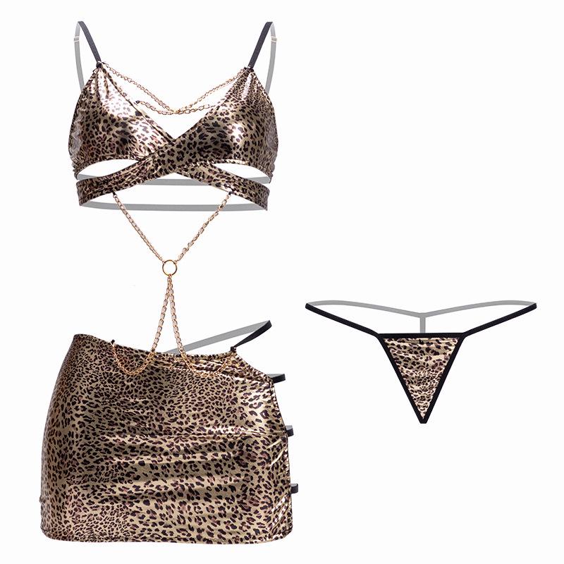 Manyan Sexy Deep V Leopard Print Shiny Nightclub Dance Queen Lingerie Suit