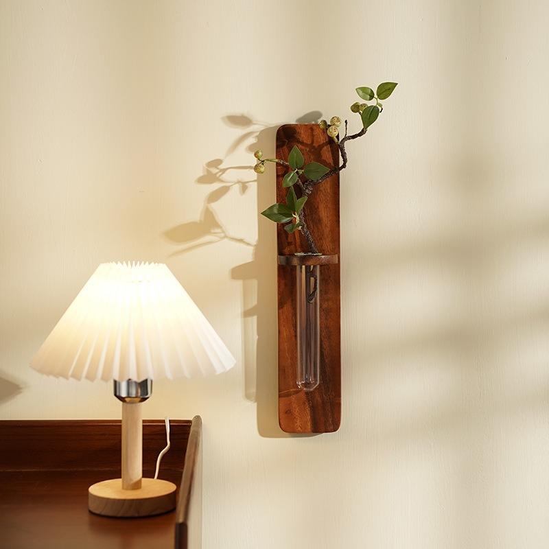 No Drill Wall Mounted Flower Vase Walnut Wood Glass Hydroponic Planter Chinese Retro Style Home Art Decor Floral Arrangement