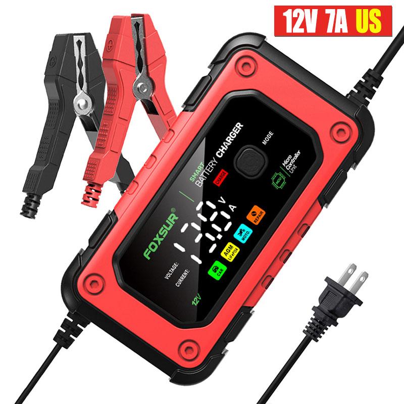 

12 В 7A/2A полностью автоматическое зарядное устройство для автомобильного аккумулятора с ЖК-дисплеем, импульсное зарядное устройство для ремонта аккумуляторов Agm Gel Wet Lead Acid для зарядки ЕС/США/Великобритания