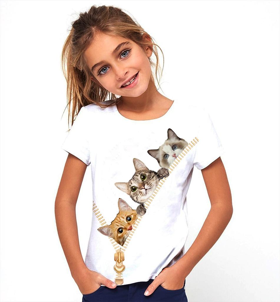 Girls' 3D Graphic Animal Cat T shirt Tee Short Sleeve 3D Print Active Cute Kids 3-12 Years