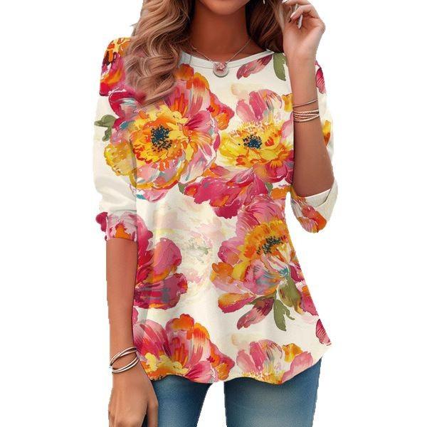Round Neck 3D Flower Geometry Pattern Printed Top Fashionable Casual Long Sleeved Women's T-shirts