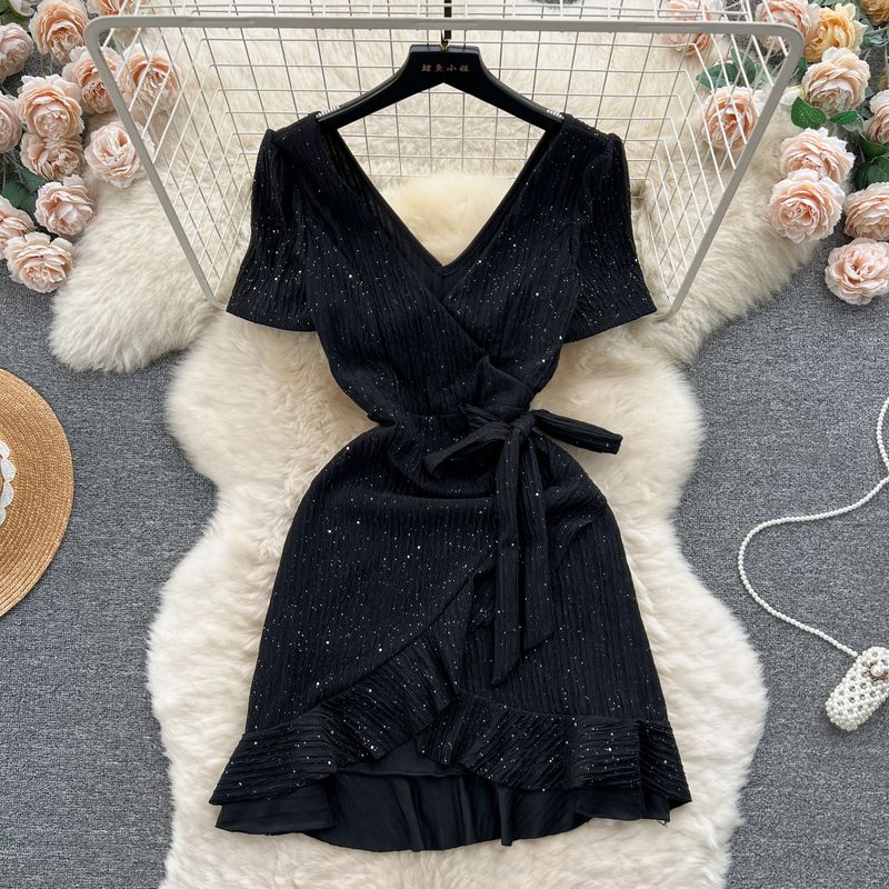 

Small Lace-up Waist-Controlled Sweet Lotus Leaf Dress Black L