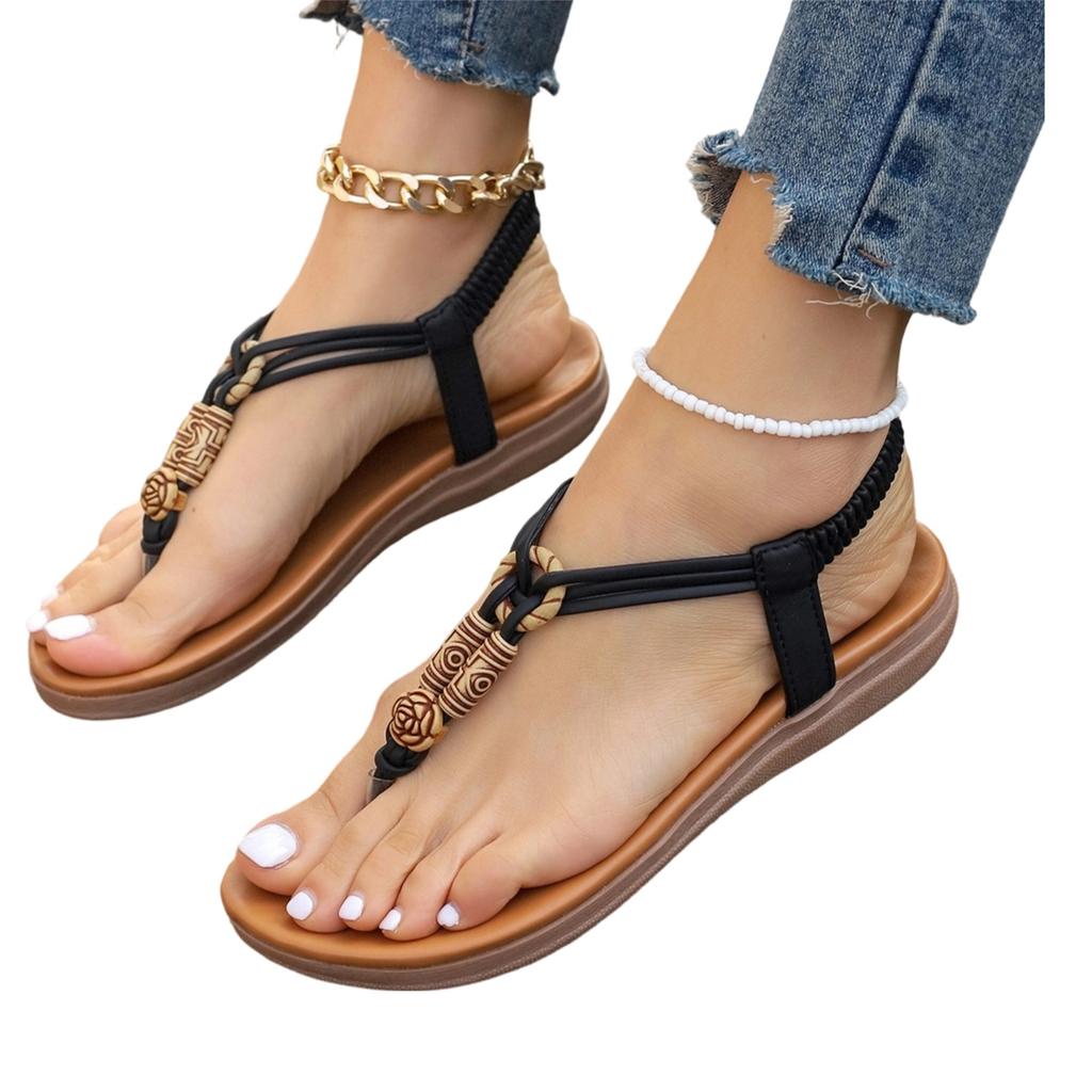 Sandali da Donna alla Moda Retro con Perline e Infradito Punta Tonda Piatto Casual Slip-On Calzature Estive con Elastico sul Retro