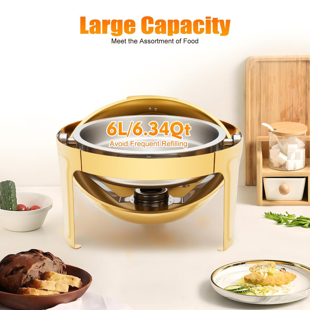 Bymaocar Round Tabletop Chafing Dish Roll Top Stainless Steel 90°/180° Opening Buffet Warmers with Visible Lid & Thickened Feet