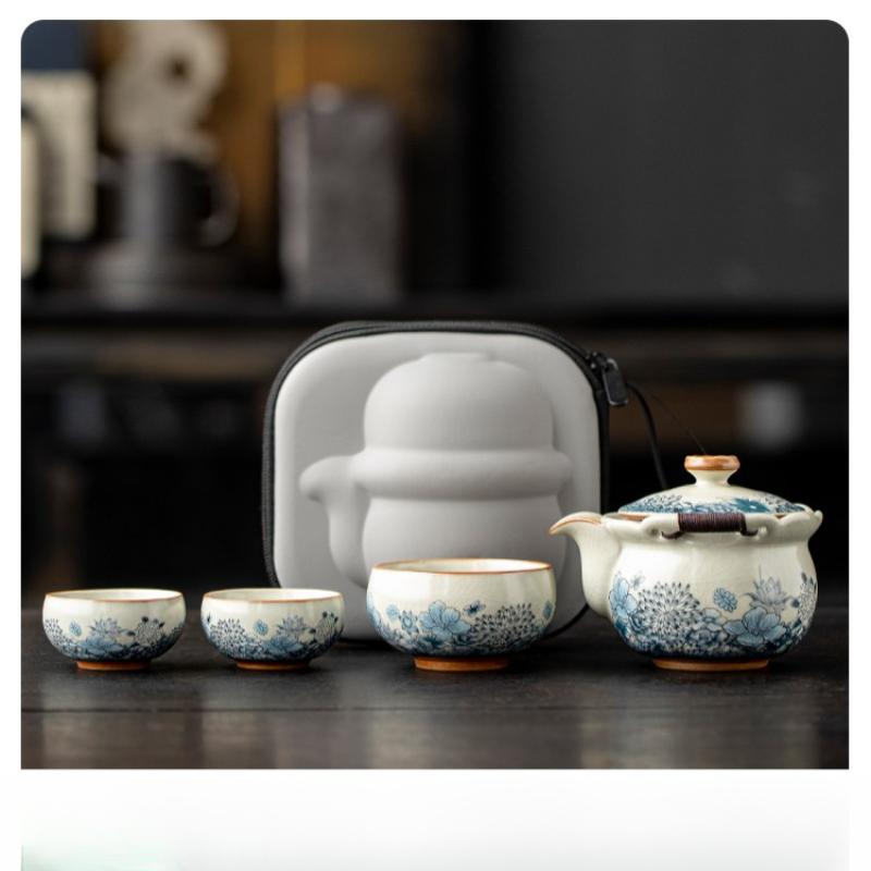 

Ru Kiln One Pot Three Cups Outdoor Camping Travel Tea Set Portable Bag Teapot Teacups for One Person Use Fast Guest Cups