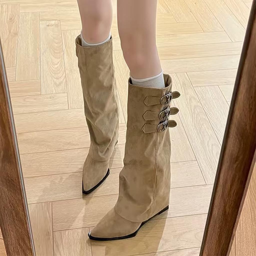 Large Size Pointed Trouser Boots, Belt Buckle Long Boots, Autumn And Winter Are Very Beautiful, Versatile And Tall Knight Boots.