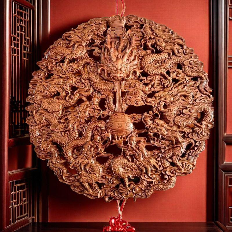 Nine Dragons Peach Wood Pendant: Hand-Carved Hanging Ornament for Home Entrance or Living Room Decor.