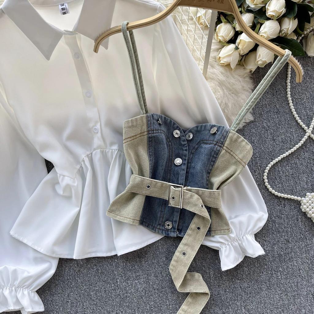 Koreanische Serie Tragen Alter-Reduzierung Set Retro Denim Cami Gestapelt Alle-Matching Puff Sleeve Shirts Zwei-stück Set Top