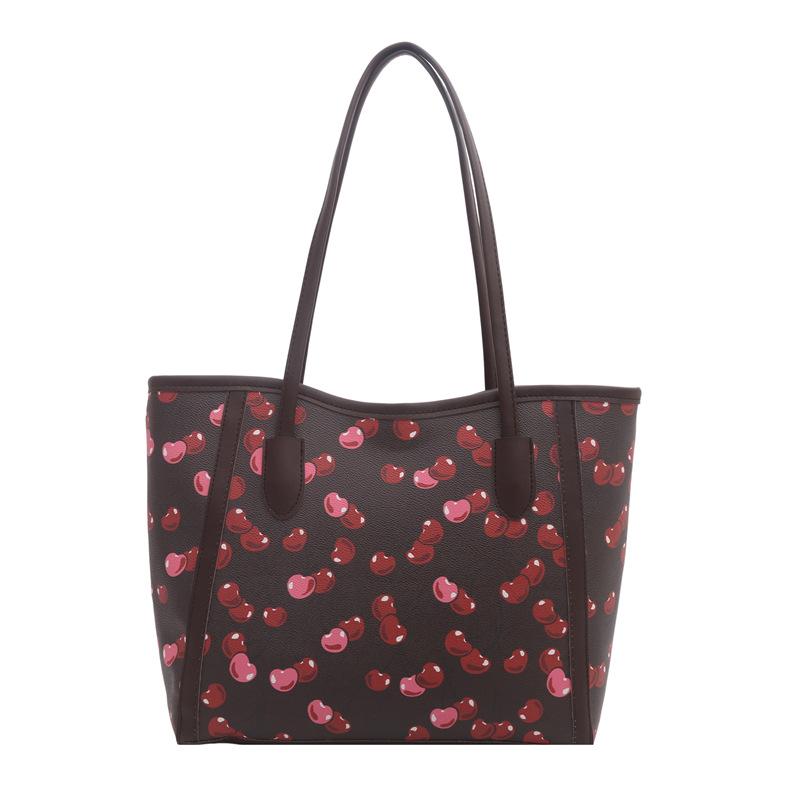 Vintage Cherry Print Large Capacity Women Casual Commute Single Shoulder Tote Bag