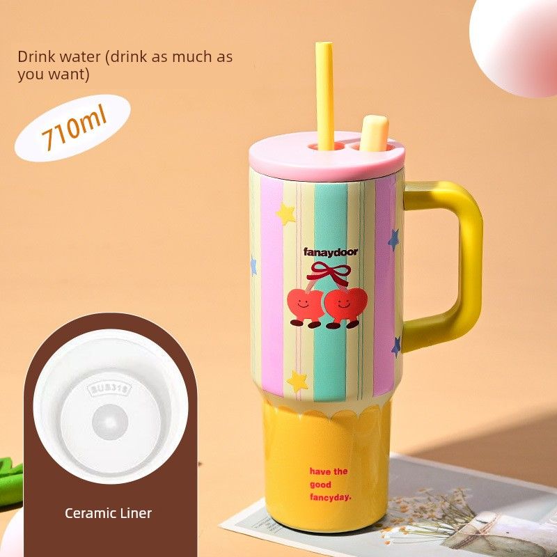Large Capacity Thermos Cup for Women, Stylish Ice Cup, Cute Cartoon Portable Car Cup with Handle, Giant Straw Water Cup