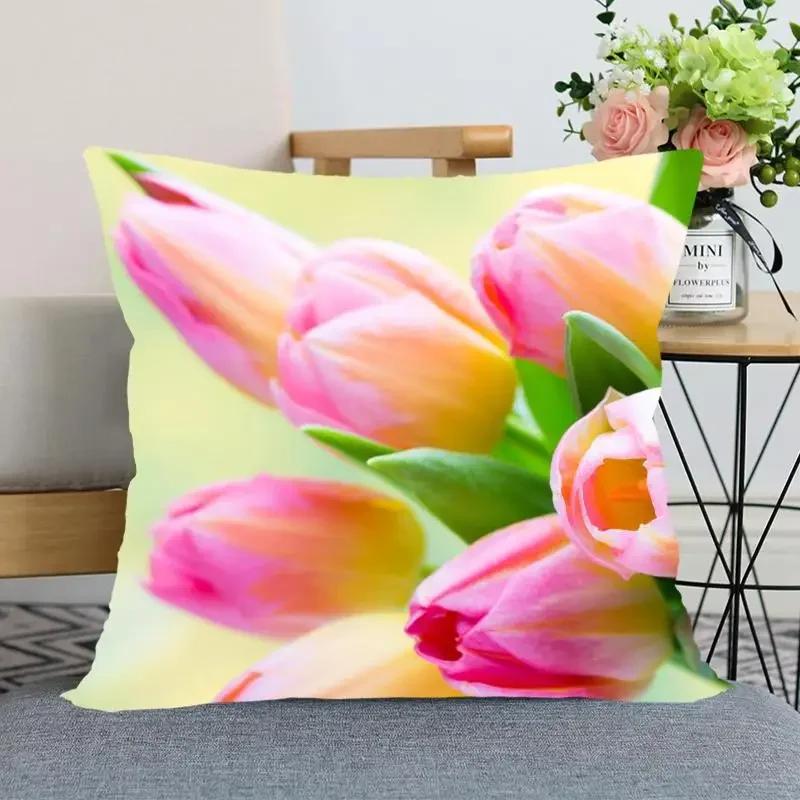 "Floral Tulip Pillowcase, Soft Cotton - Vibrant Flower Design for Spring Decor, Comfortable and Stylish, Perfect Gift for Home"