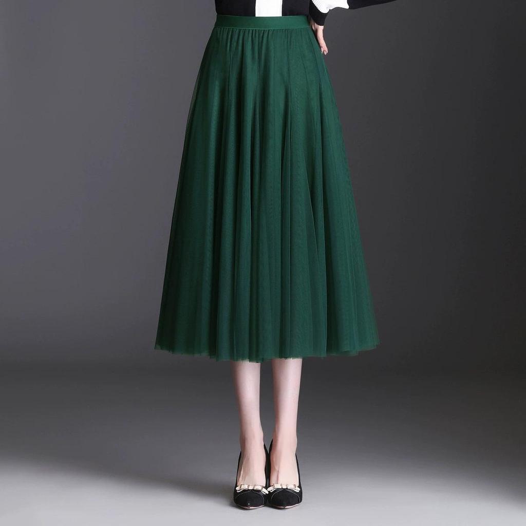 2025 High-Waist A-Line Mesh Skirt: Three-Layer Pleated Fairy Skirt for Spring & Autumn