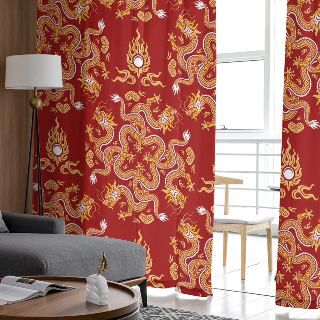 Dragon Red Background Tulle Curtain For Living Room Bedroom Kitchen Decoration Window Voiles Tulle Curtain