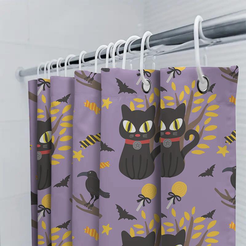 Halloween Cat Pattern Shower Curtain Purple Floral Design With Witch Hat Spider Web For Bat Bath Decor In Bathroom Accessories F