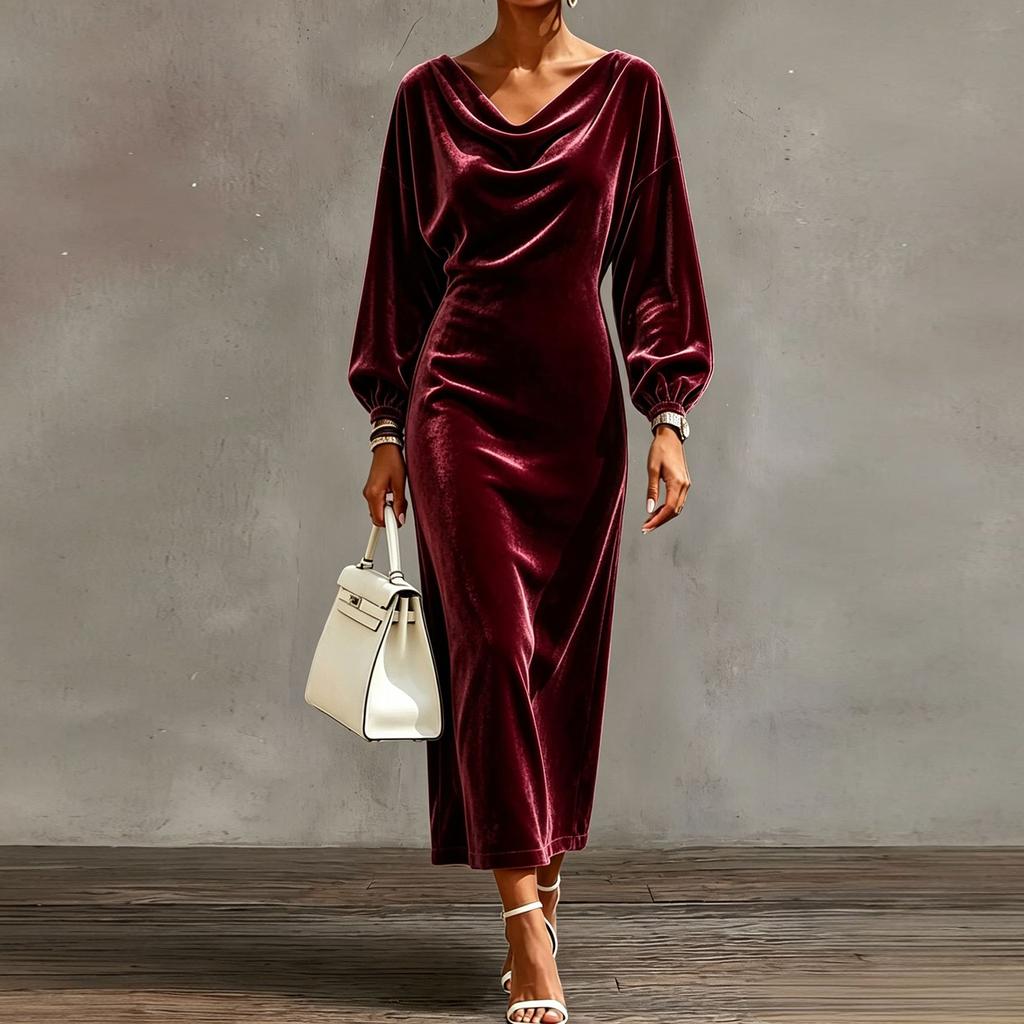Women's Velvet Cowl Neck Sleeve Long Dress with Side Slit