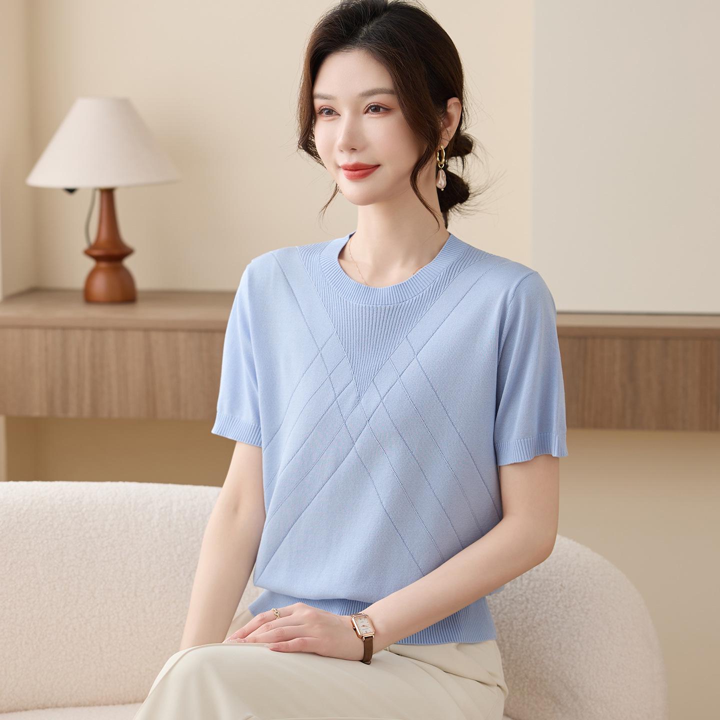 

Tencel 2026 Stylish Short-Sleeved Summer Top for Middle-Aged & Elderly Women 4XL (for 135-150 jin) синий